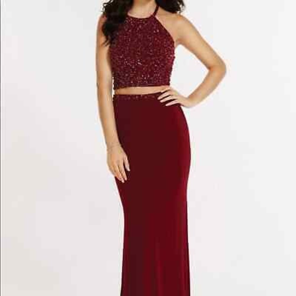 Alyce Paris 4 Burgundy Embellished Two Piece Halter Top and Skirt Set Prom Dress